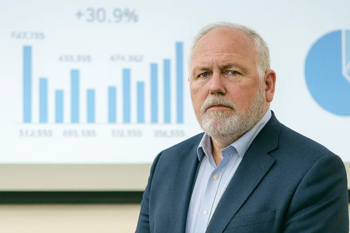 Een oudere man in pak staat voor een scherm met grafieken en cijfers, met een serieuze blik en een rustige houding, terwijl op de achtergrond een bar chart en een cirkeldiagram worden geprojecteerd in een beleidszaal.